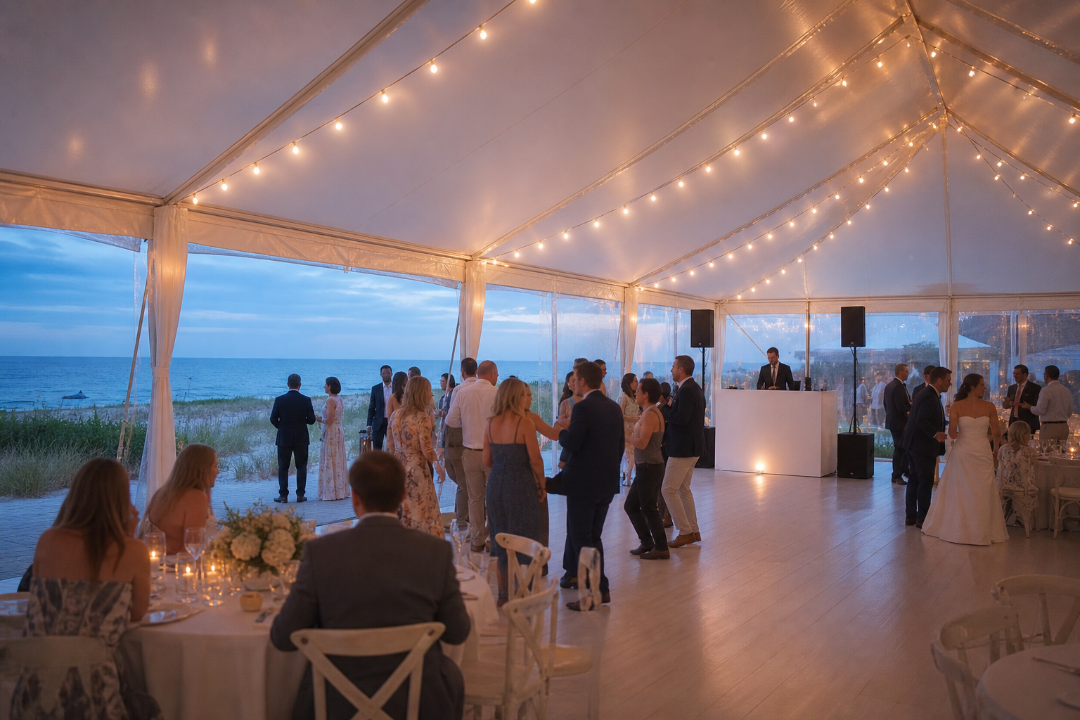 Cape Cod sailcloth tent wedding reception with coastal views and DJ entertainment