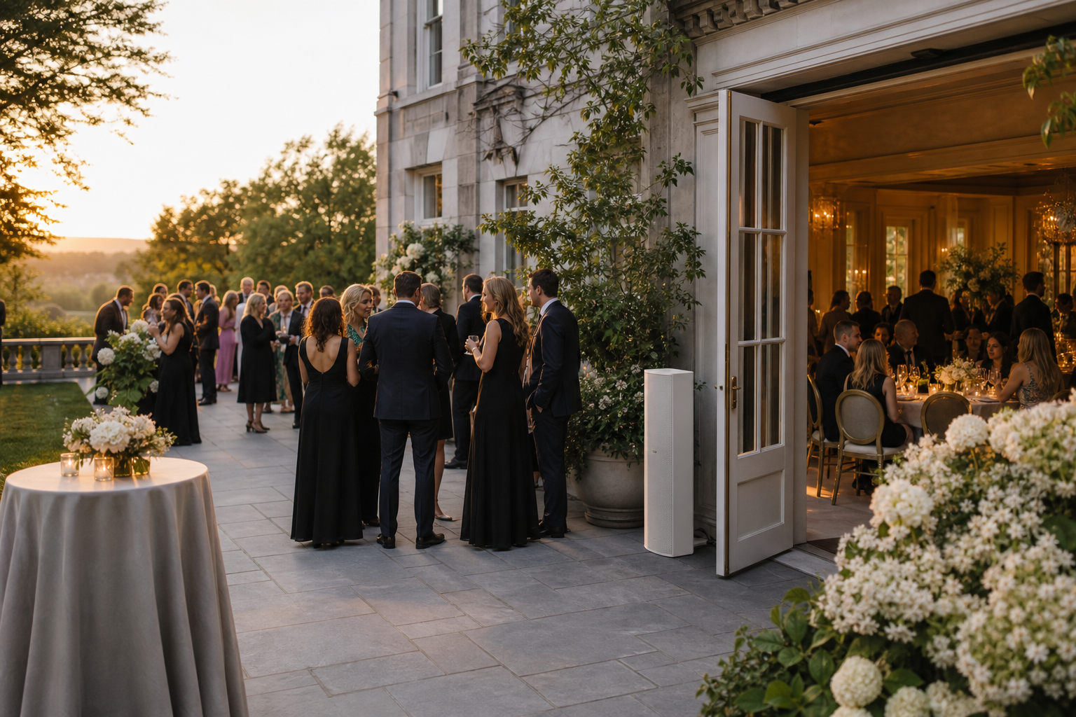 Outdoor cocktail hour beside an indoor wedding reception with discreet wireless audio