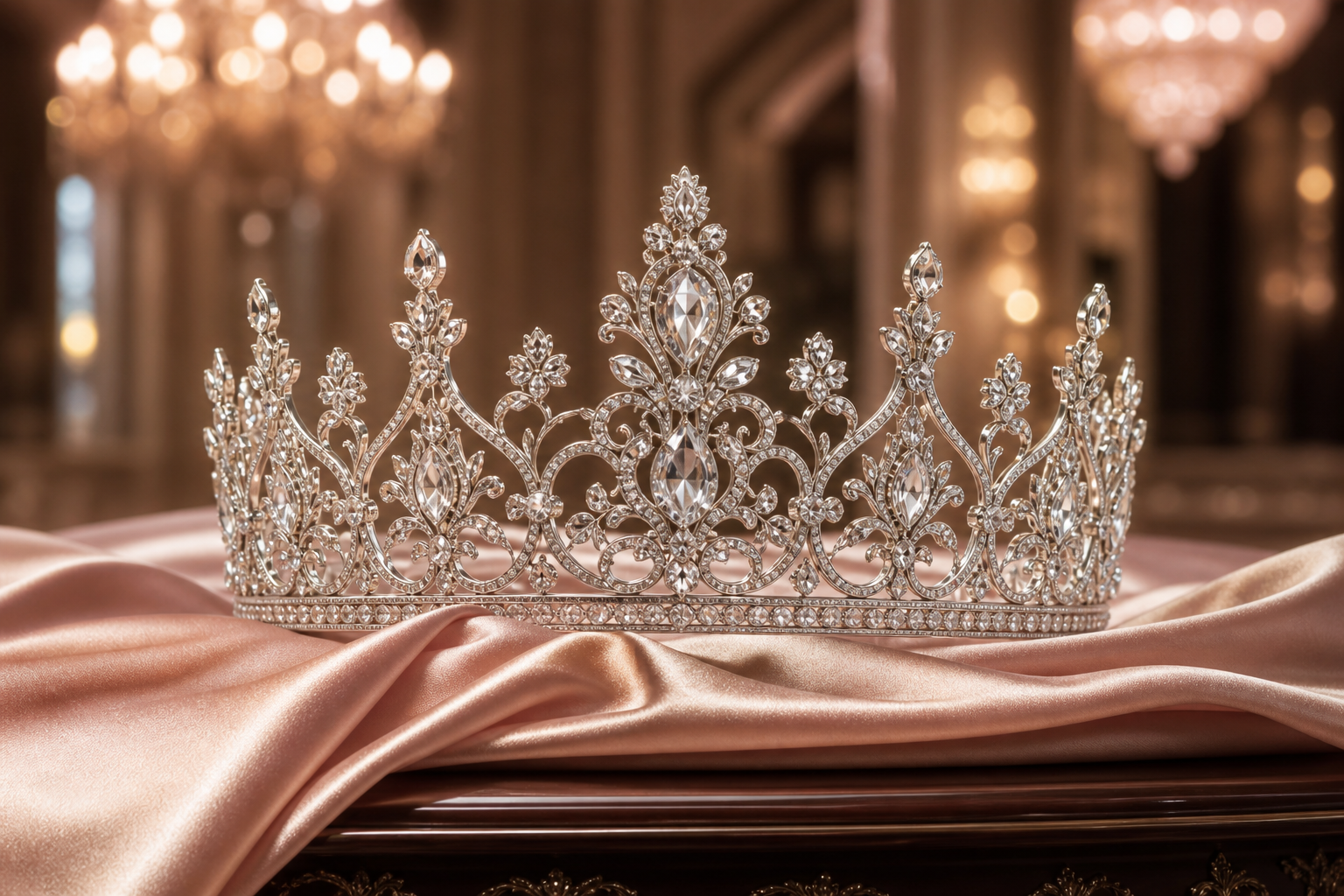 Ornate silver Quinceañera crown displayed on blush champagne satin in an elegant ballroom